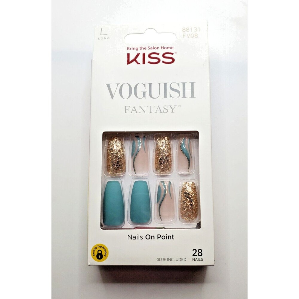 KISS SUNNY DAYS Voguish Fantasy Nails ~ FV08 F88131 ~ Long Coffin~ Gold Blue